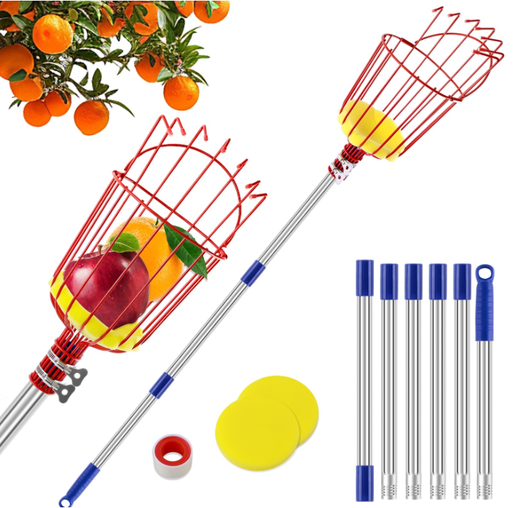Fruit Picker , 8 ft Adjustable Lightweight Stainless Steel Fruit Picker Tool with Picking Basket for Apple Avocado Fig Acorn Lemon Pear Mango