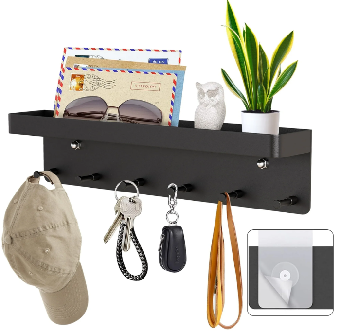 Key Holder for Wall, Self Adhesive Key Rack Wall Mount with Mail Organizer for Entryway Doorway Hallway, Wall Decor, Black