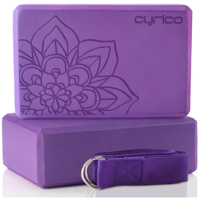 cyrico Yoga Blocks 2 Pack, Portable High Density EVA Foam Non-Slip Yoga Bricks Set with 6 ft Metal D-Ring Strap for Yoga, General Fitness, Pilates, Stretching, and Toning, 9 x 6 x 3 inches