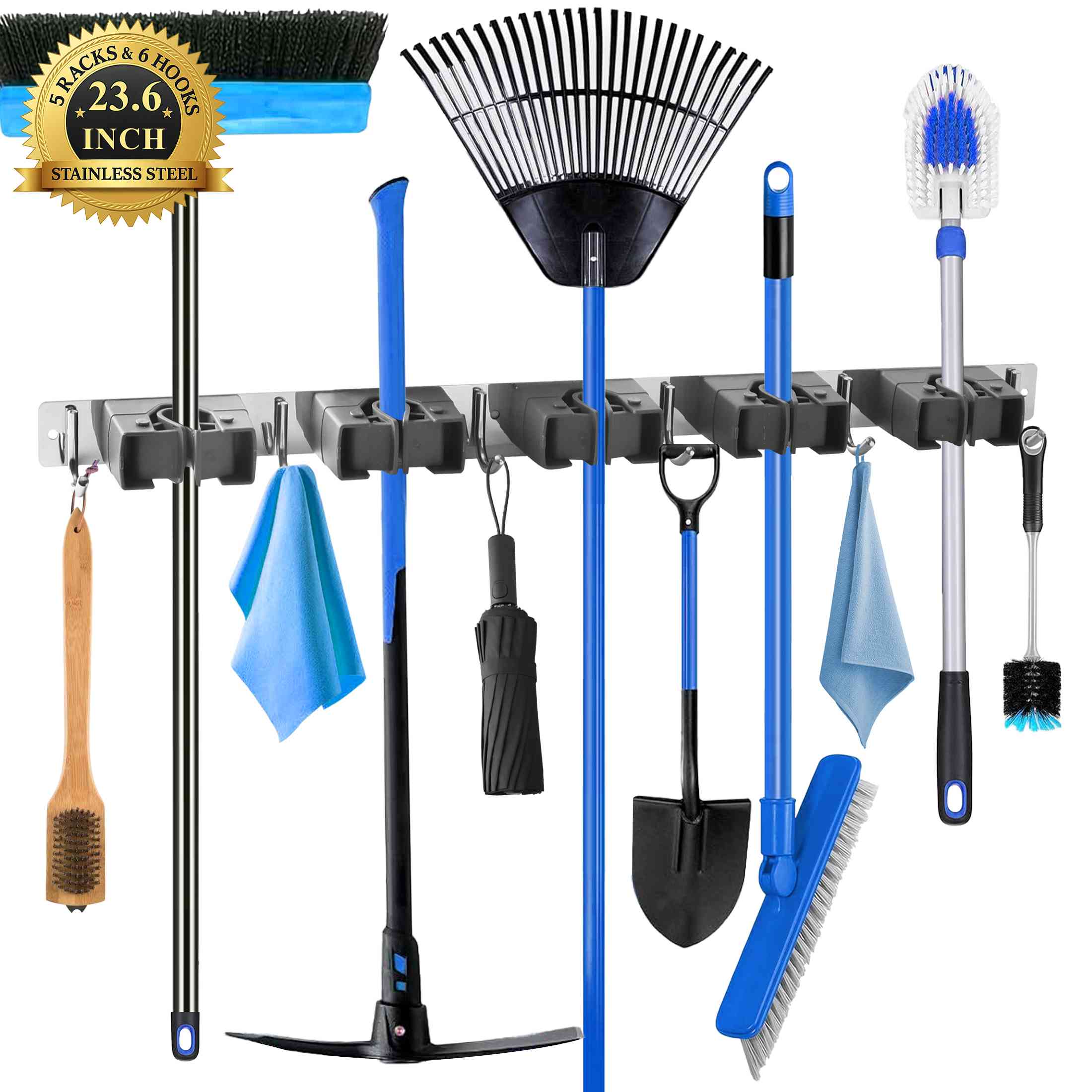 Fabulas Broom Holder Wall Mount Mop Hanger, Upgraded Heavy Duty Stainless Steel Broom Hanger Organizer Storage Tool with 5 Racks and 6 Hooks for Home Kitchen Garden Laundry Garage