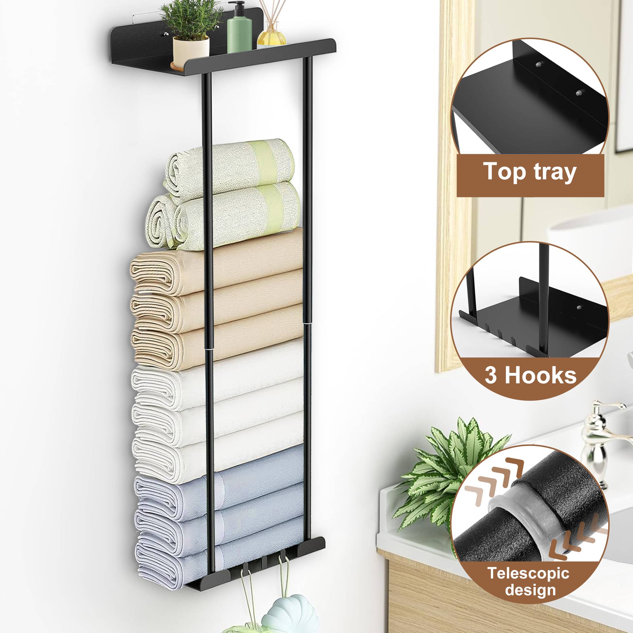 Aovky Towel Racks for Bathroom, Towel Storage Shelf Rack Wall Mounted, Retractable Metal Bath Towel Holder for Rolled Towels with Hooks, Black